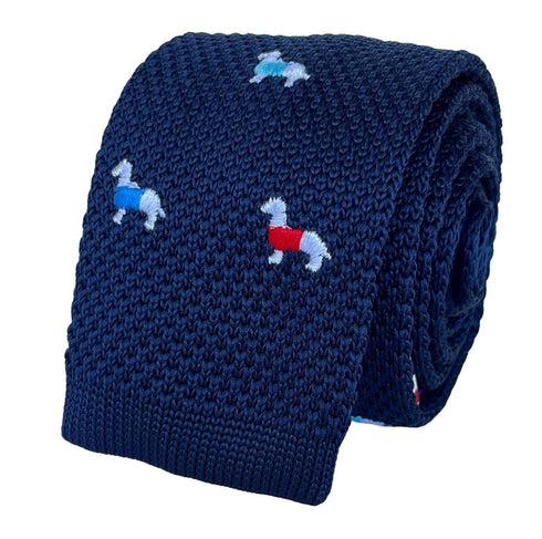 navy blue knitted tie with embroidered dog design